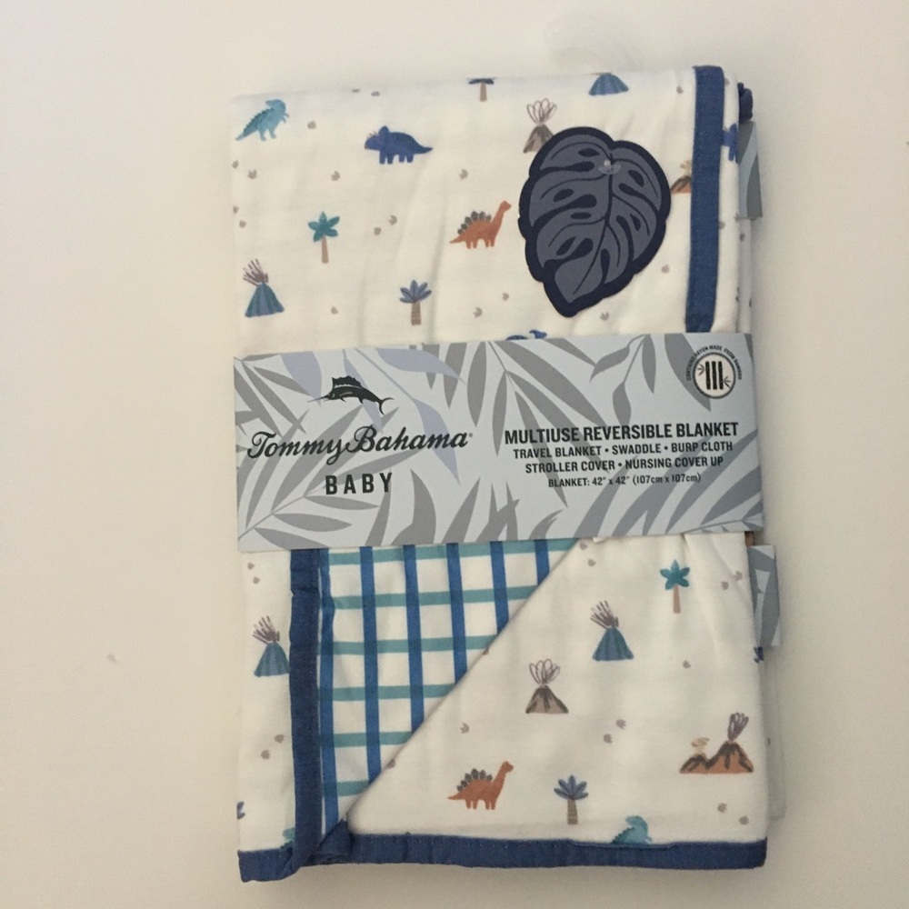 NEW Baby Blanket Tommy Bahama Multiuse - Dinosaurs and Reversible Blue Squares